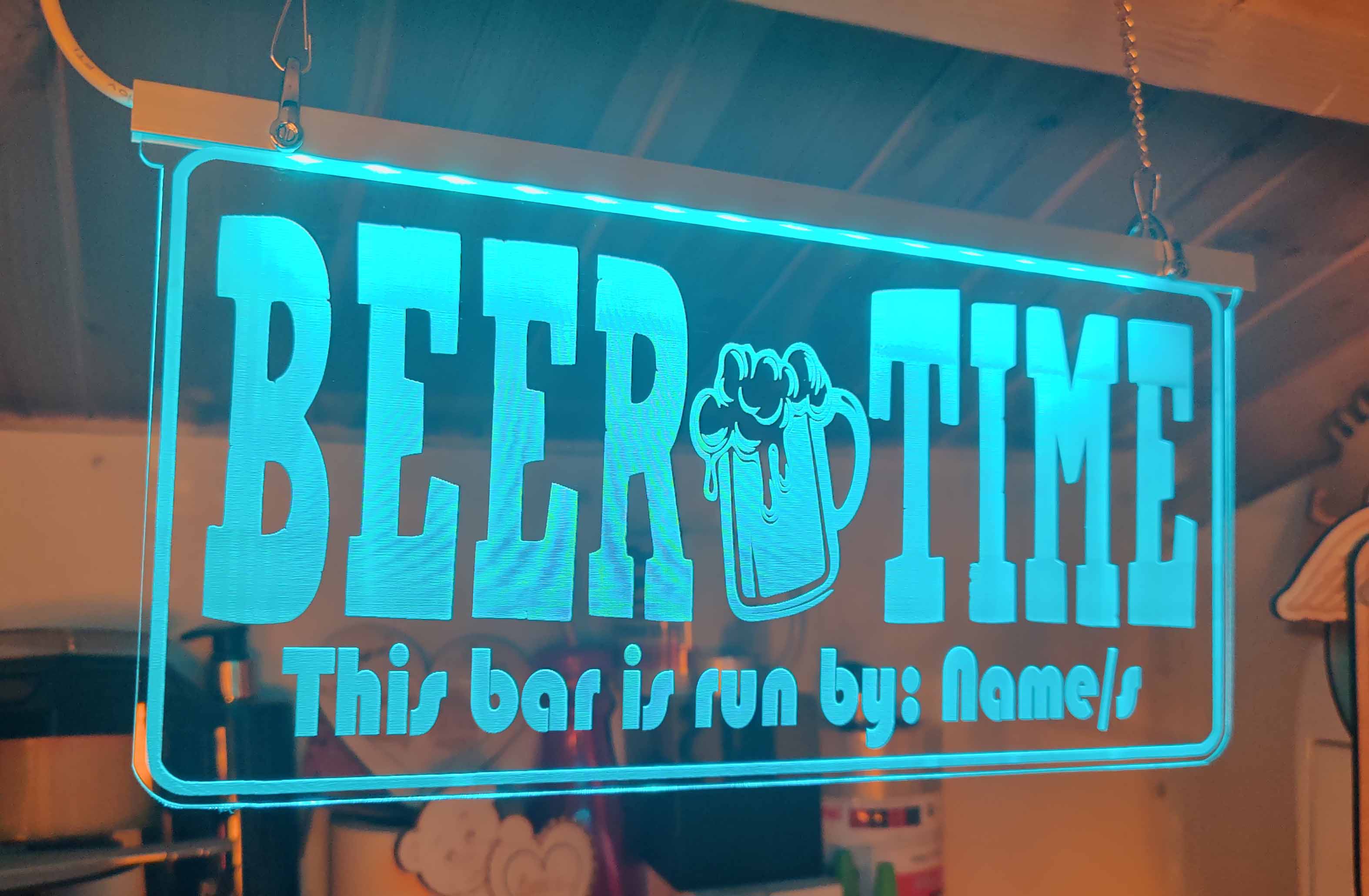 beer time led sign with personalised bar owners name engraved